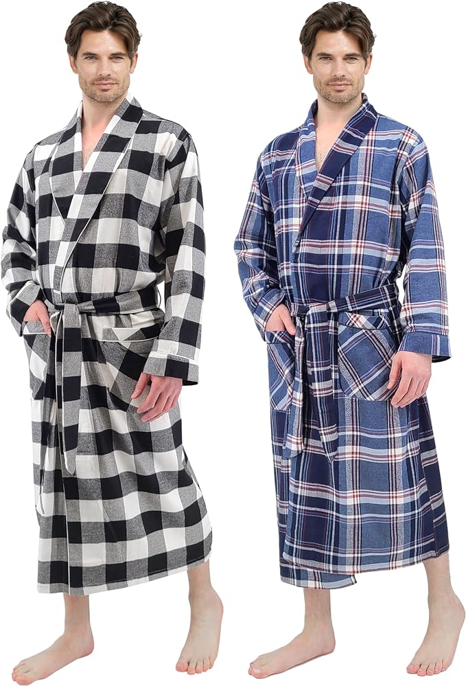 Mens' Full Length House Robe Cotton Flannel Brush Plaid