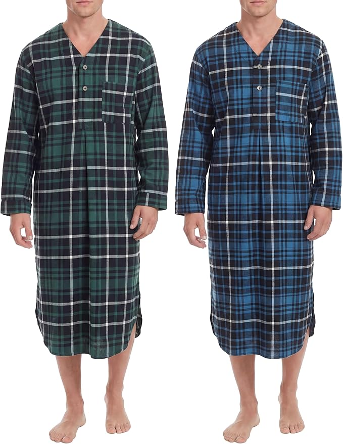 Men's Lightweight Cotton Flannel Sleep Shirt, Long Henley Nightshirt Pajamas