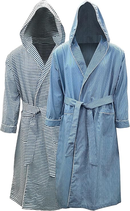 Men's Premium Cotton Blend Woven Lightweight Long Sleep Robe/Bathrobe (2 Pack)