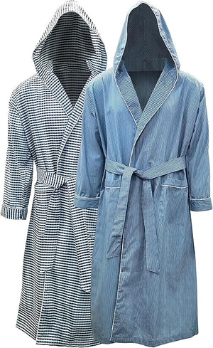 Men's Premium Cotton Blend Woven Lightweight Long Sleep Robe/Bathrobe (2 Pack)