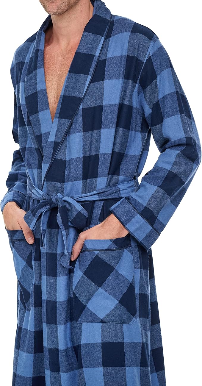 Mens' Full Length House Robe Cotton Flannel Brush Plaid