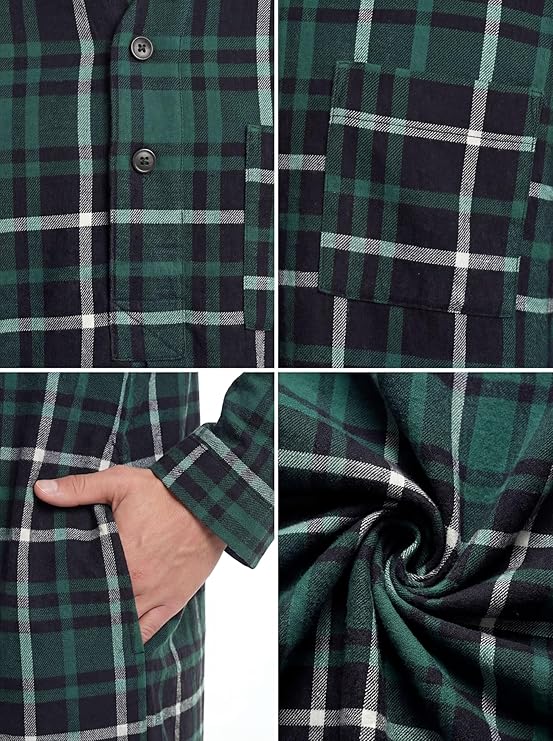 Men's Lightweight Cotton Flannel Sleep Shirt, Long Henley Nightshirt Pajamas