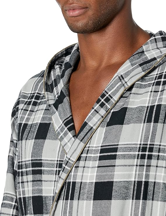 Men's Full Length House Robe Cotton Flannel Brush Plaid with Hoodie
