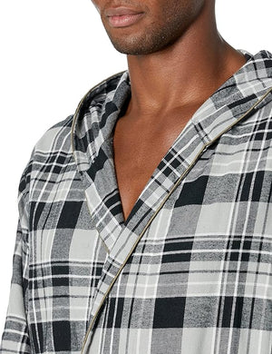 Men's Full Length House Robe Cotton Flannel Brush Plaid with Hoodie