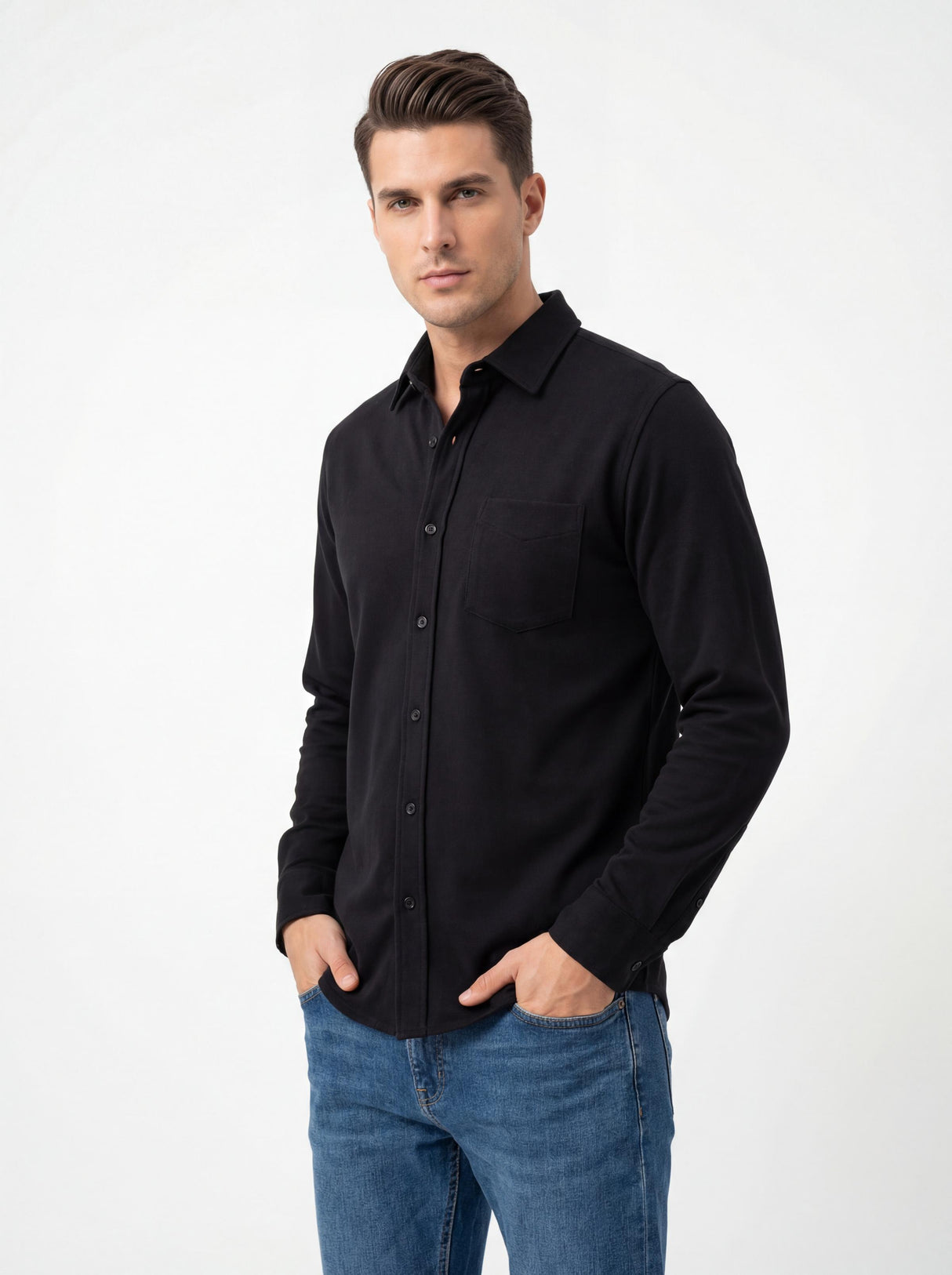 Men's French Terry Button Down Long Sleeve Shirts