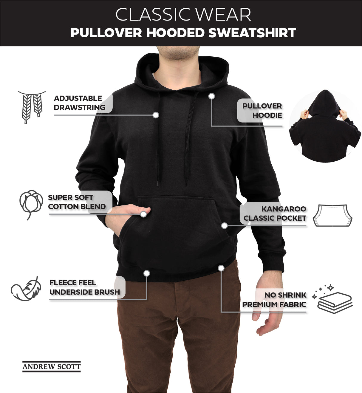 Men's Cotton Hoodie, Soft Midweight Fleece, Pullover Hooded Sweatshirt