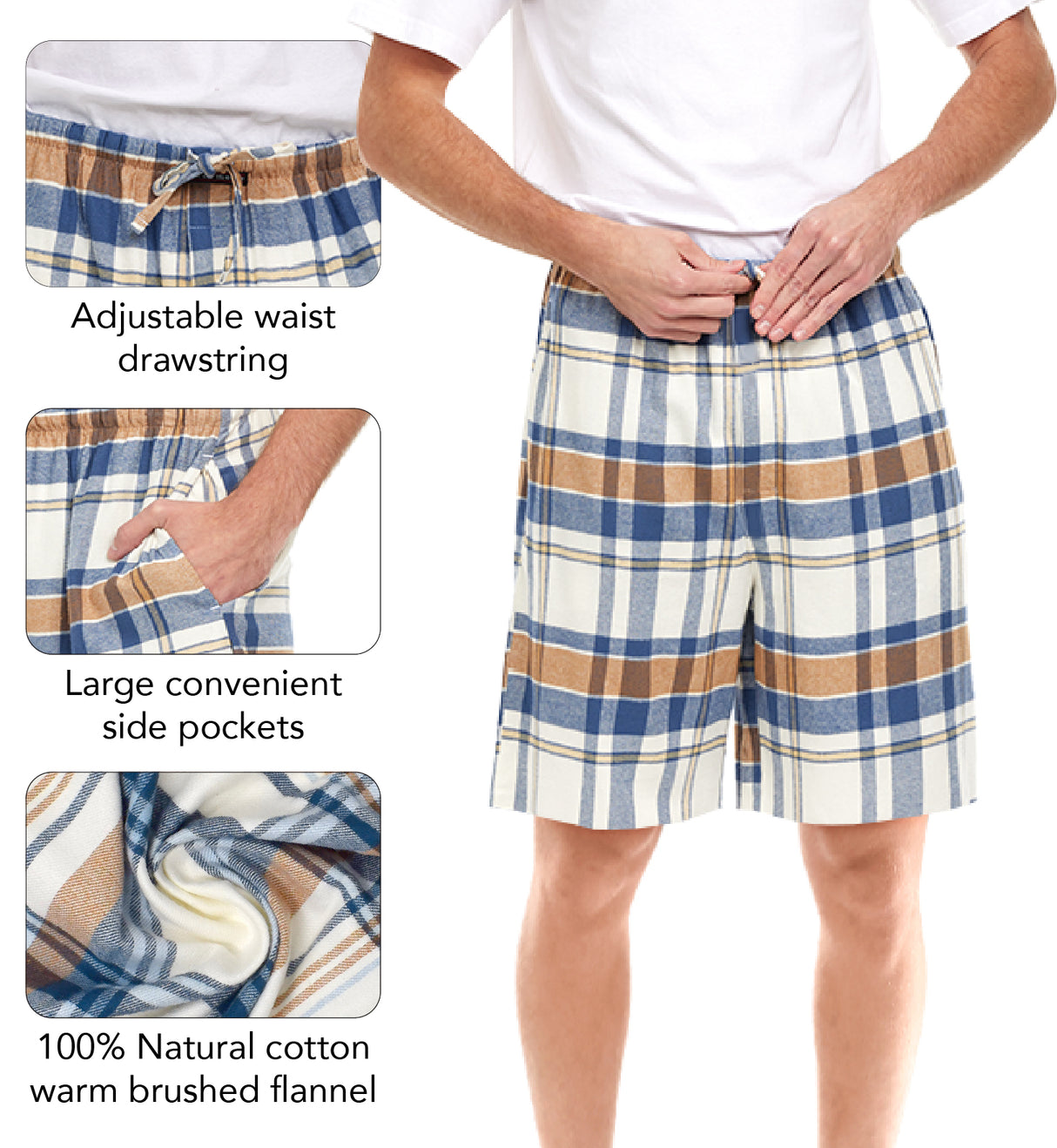 Men's Cotton Flannel Knee Length Boxer Sleep Shortswith Drawstring & Pockets