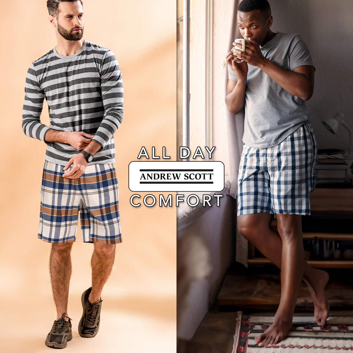 Men's Cotton Flannel Knee Length Boxer Sleep Shortswith Drawstring & Pockets