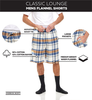 Men's Cotton Flannel Soft Woven Pajama/Lounge Sleep PJ Shorts (MultiPacks)