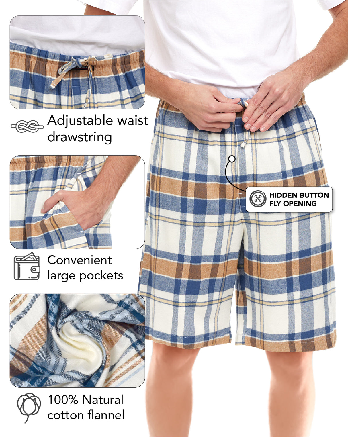 Men's Cotton Flannel Soft Woven Pajama/Lounge Sleep PJ Shorts (MultiPacks)