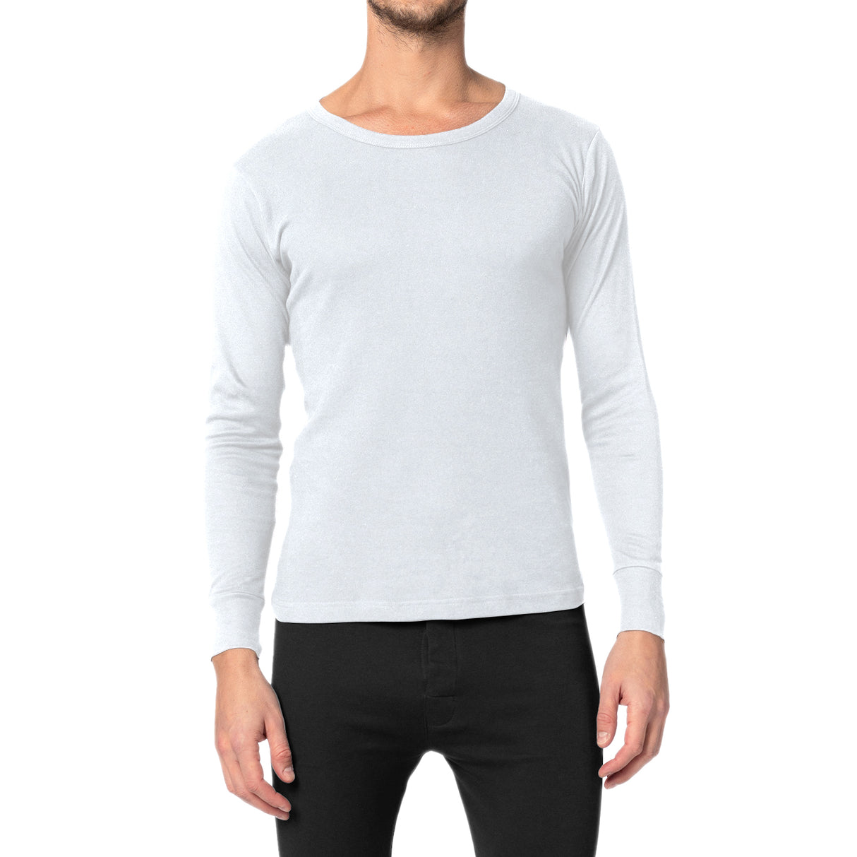 Men's Crew Neck 100% Cotton Flat Knit Long Sleeve Thermal Baselayer Shirt