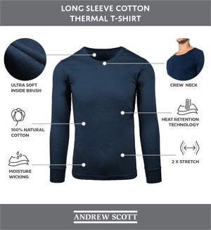 Men's Crew Neck 100% Cotton Flat Knit Long Sleeve Thermal Baselayer Shirt