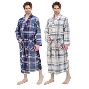 Mens' Full Length House Robe Cotton Flannel Brush Plaid