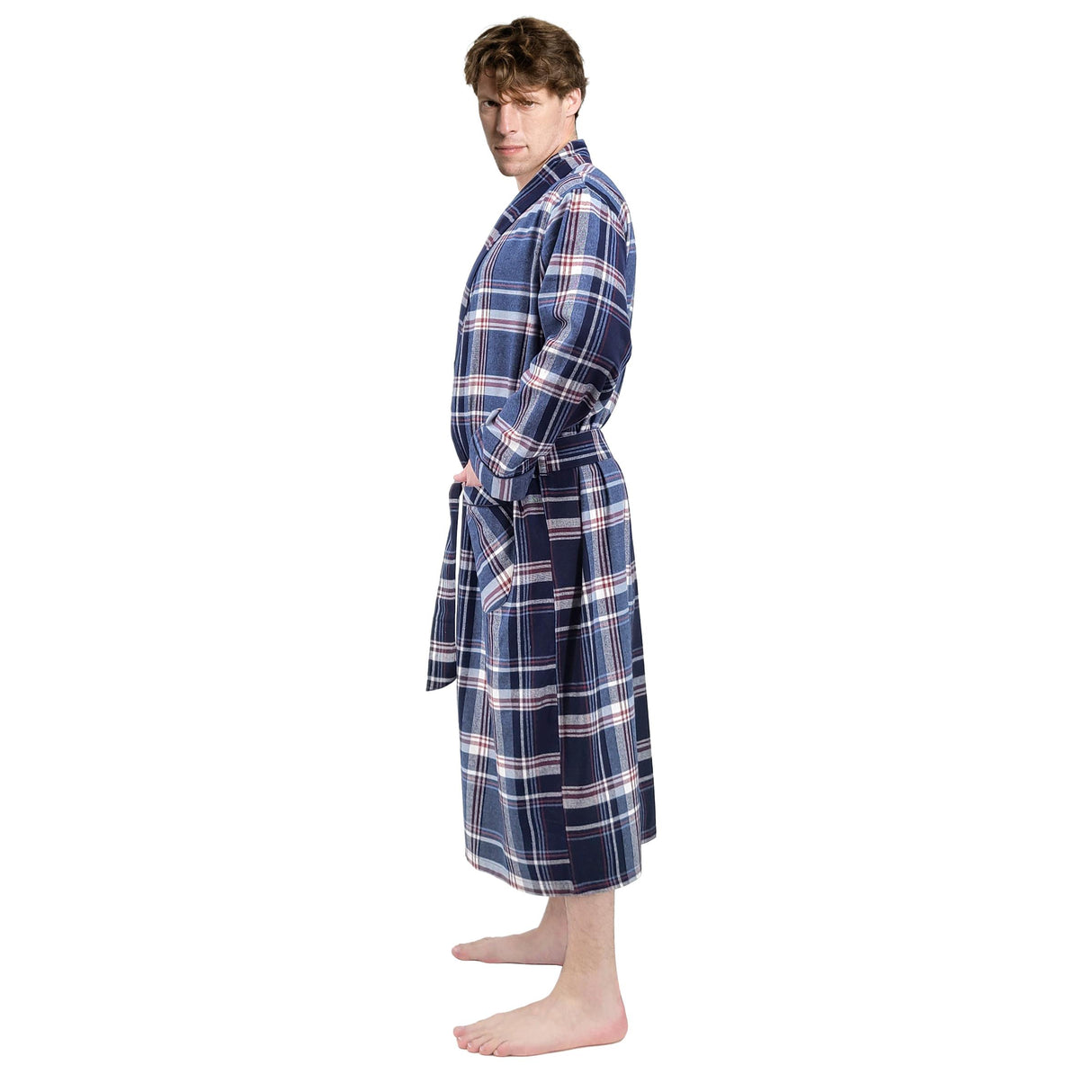 Mens' Full Length House Robe Cotton Flannel Brush Plaid