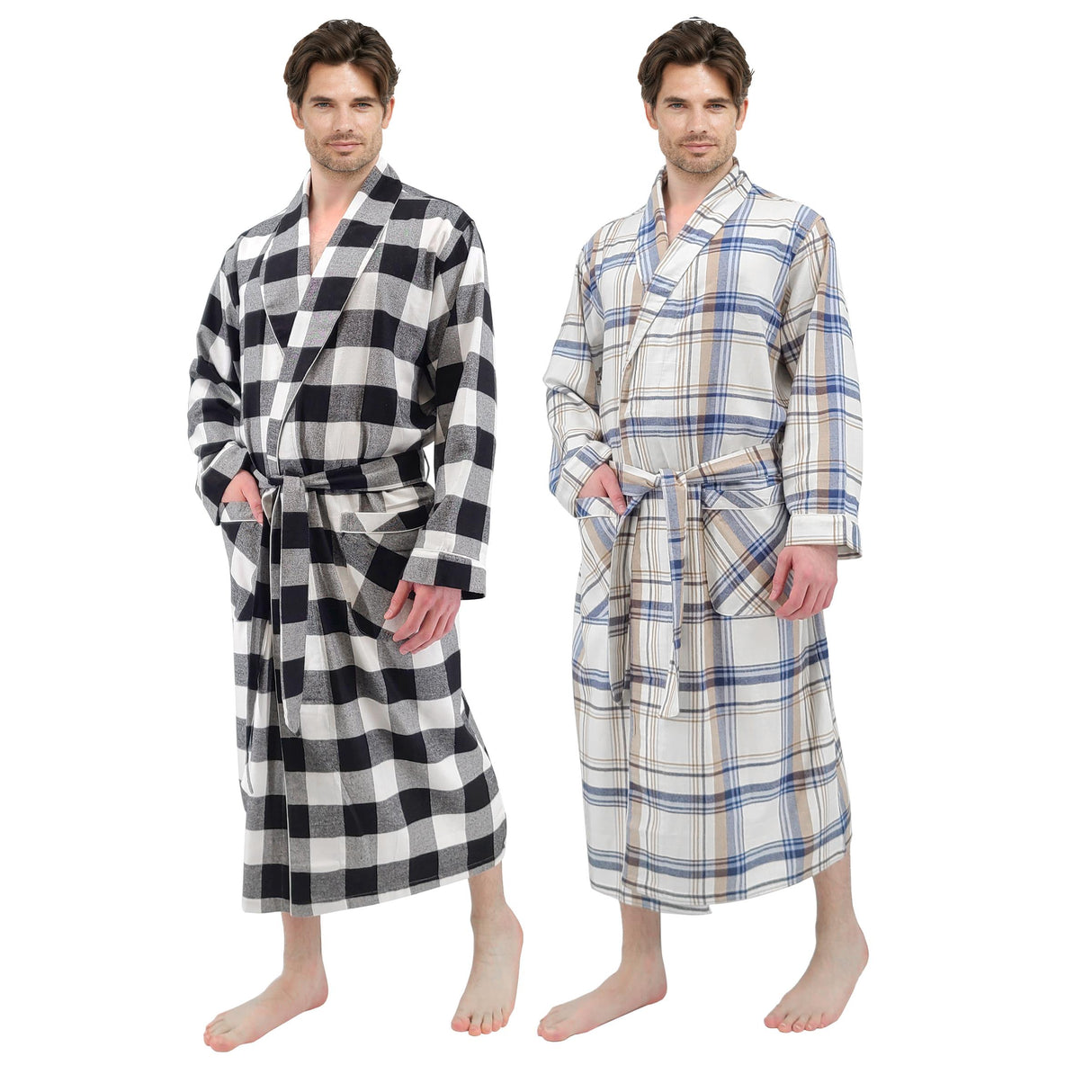 Mens' Full Length House Robe Cotton Flannel Brush Plaid