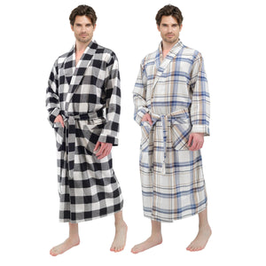 Mens' Full Length House Robe Cotton Flannel Brush Plaid
