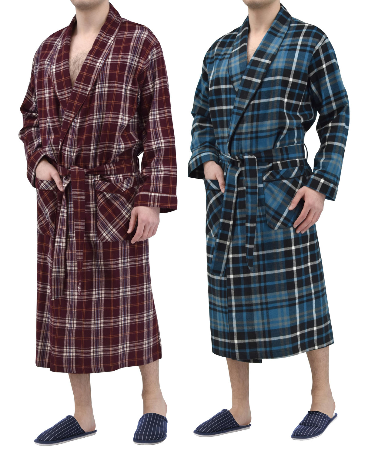 Mens' Full Length House Robe Cotton Flannel Brush Plaid