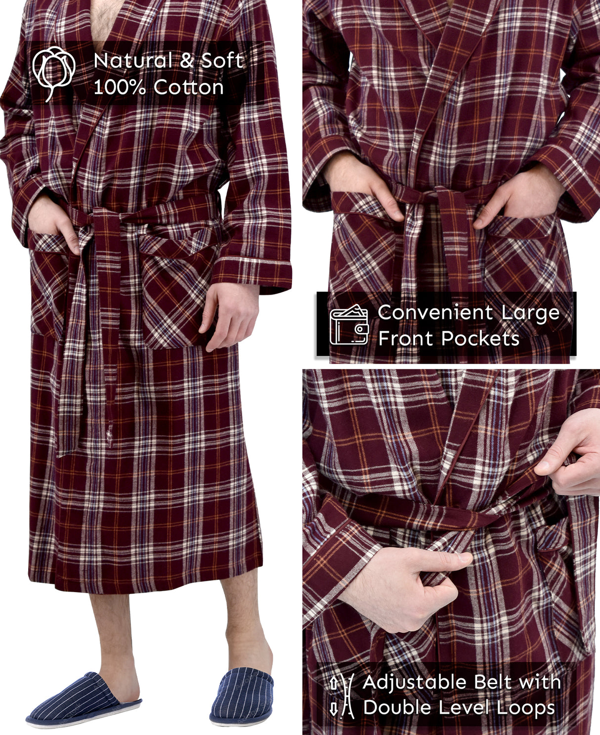 Mens' Full Length House Robe Cotton Flannel Brush Plaid
