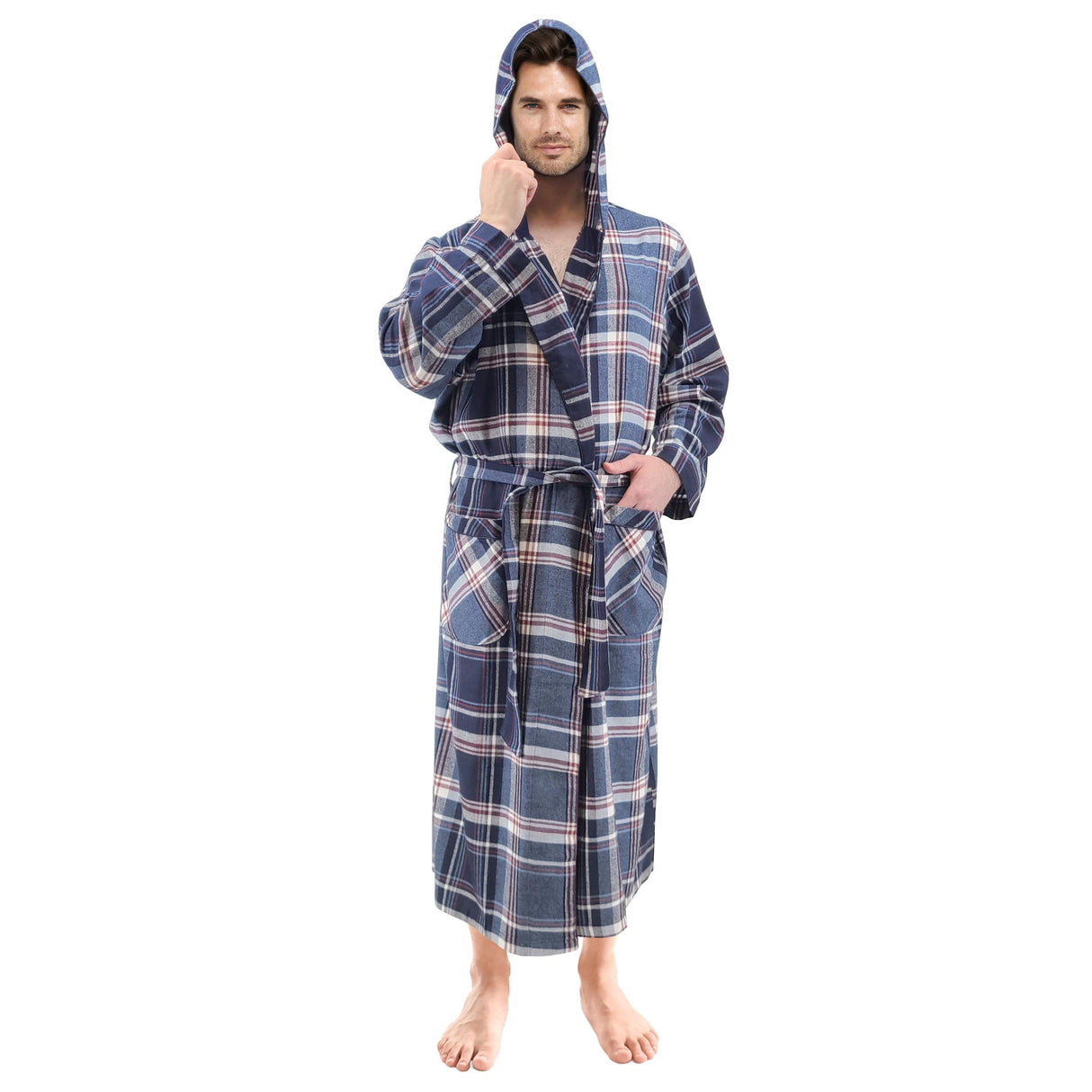 Mens' Full Length House Robe Cotton Flannel Brush Plaid