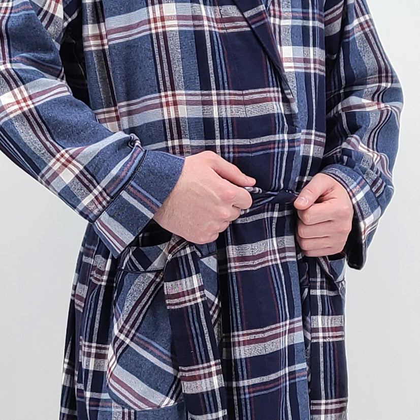 Mens' Full Length House Robe Cotton Flannel Brush Plaid