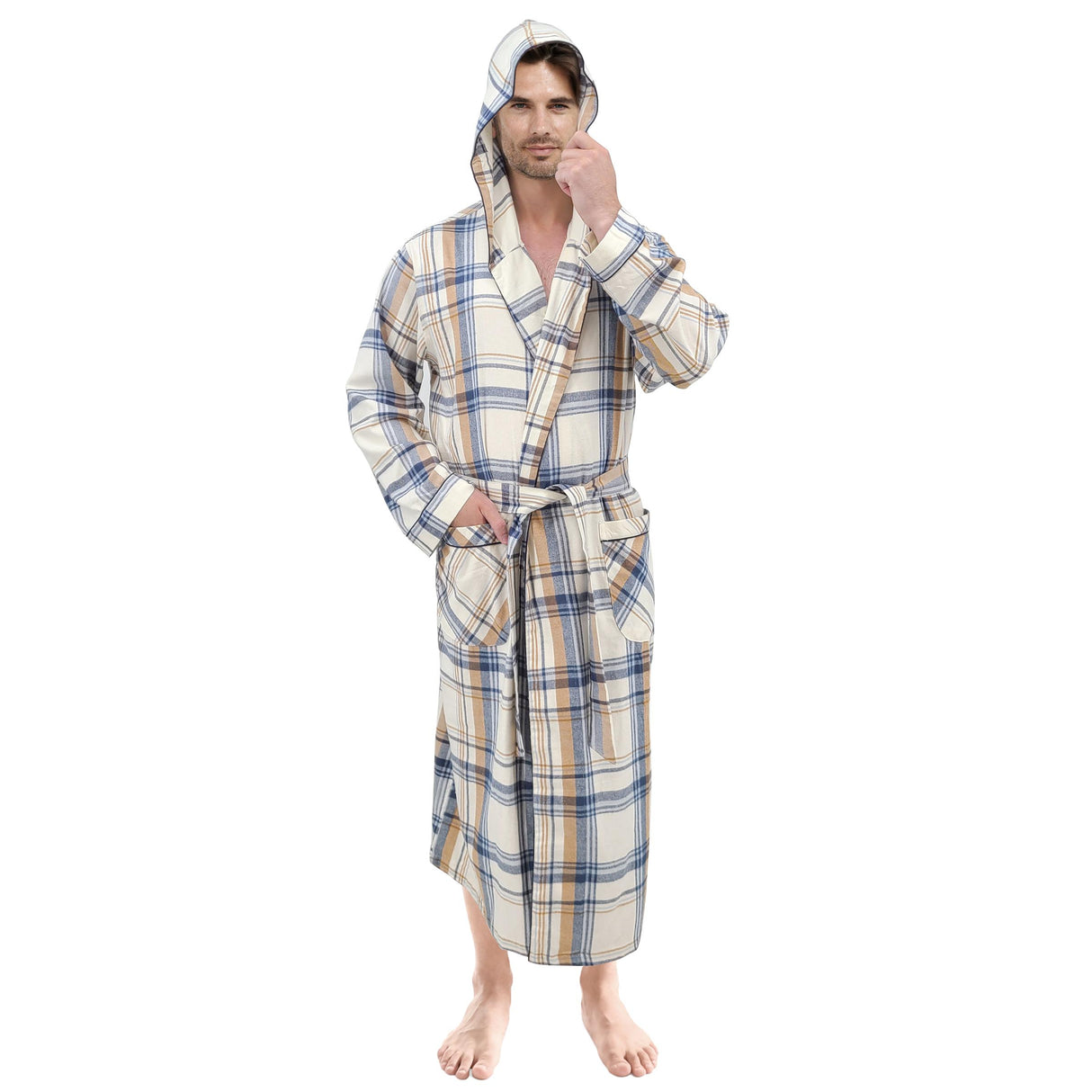 Mens' Full Length House Robe Cotton Flannel Brush Plaid