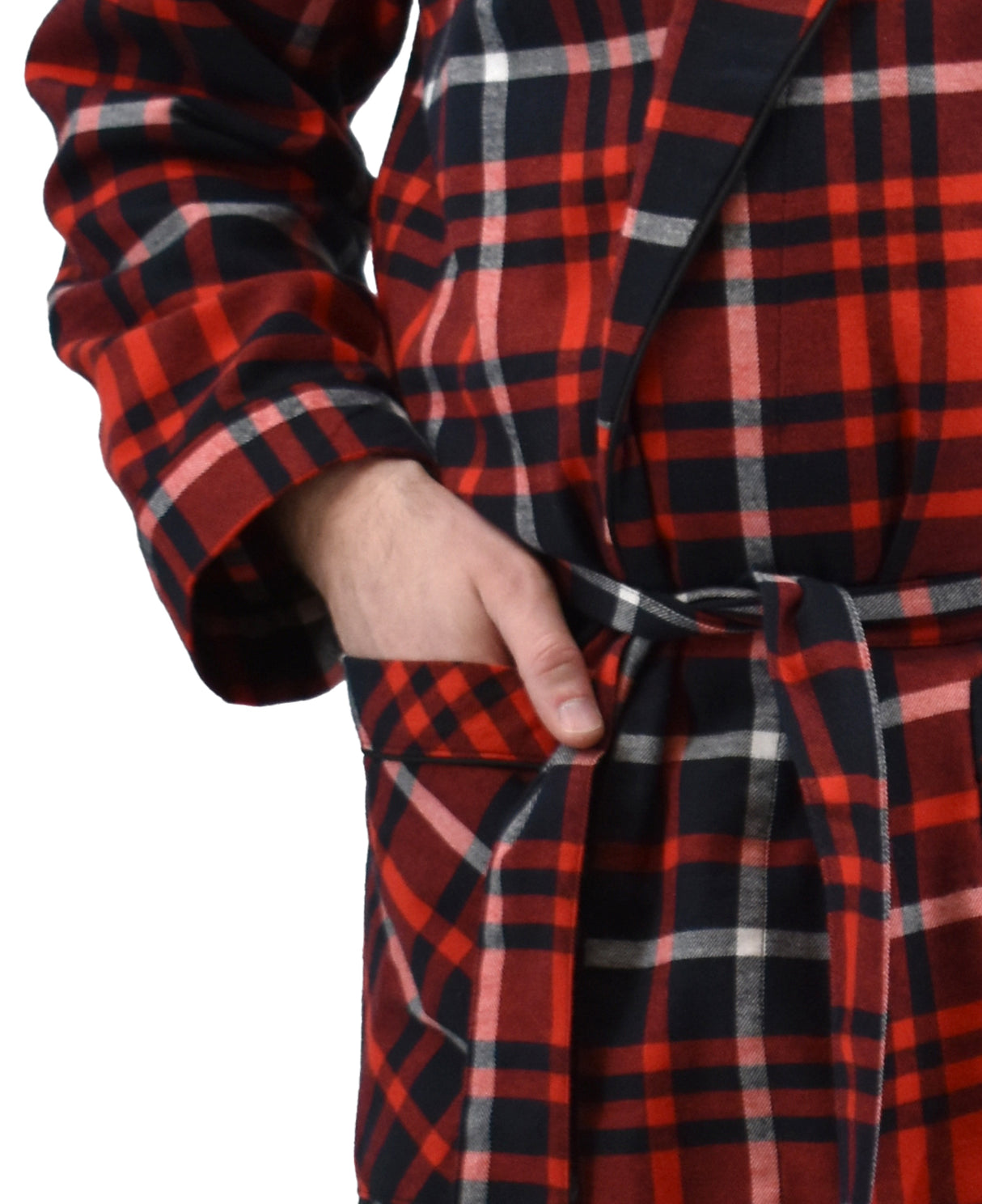 Men's Full Length House Robe Cotton Flannel Brush Plaid with Hoodie