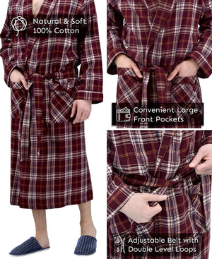 Men's Full Length House Robe Cotton Flannel Brush Plaid with Hoodie