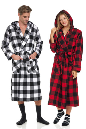 Men's Full Length House Robe Cotton Flannel Brush Plaid with Hoodie