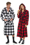 Men's Full Length House Robe Cotton Flannel Brush Plaid with Hoodie