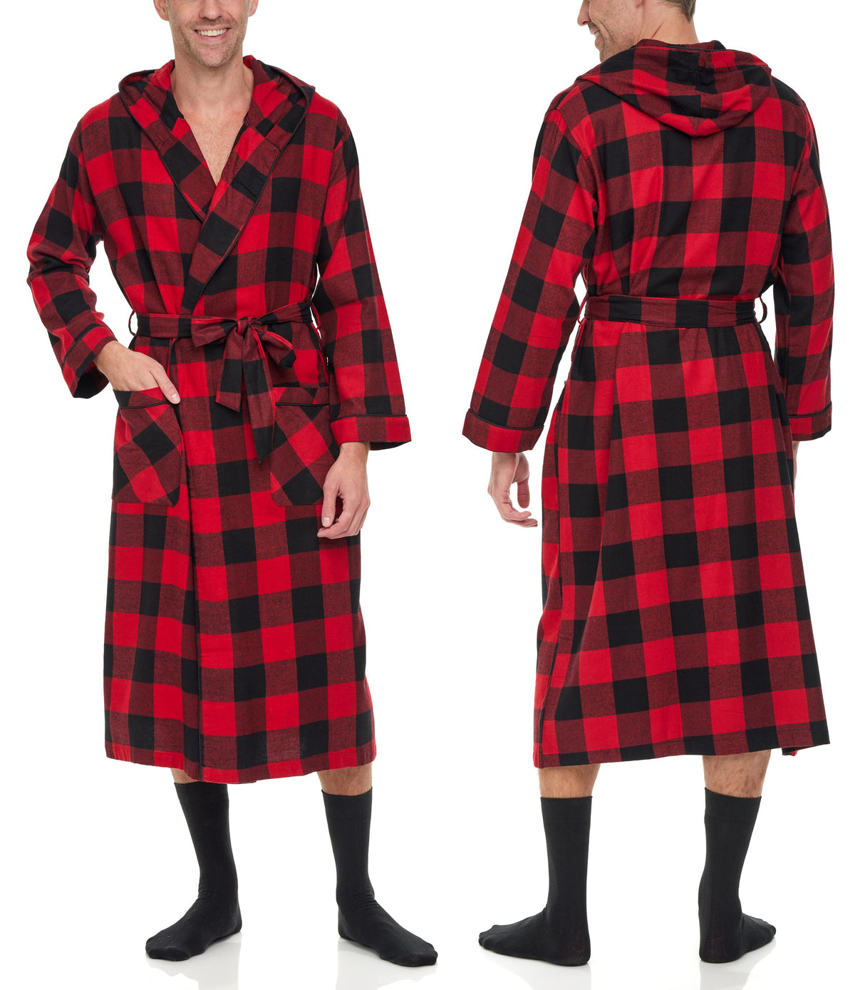 Men's Full Length House Robe Cotton Flannel Brush Plaid with Hoodie