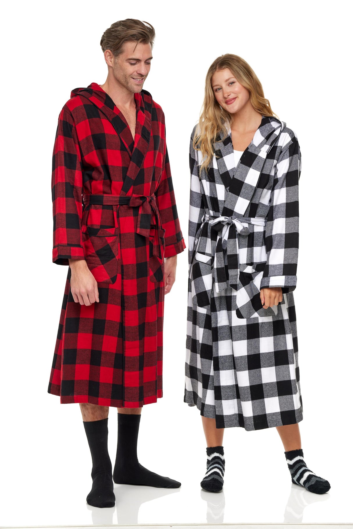 Men's Full Length House Robe Cotton Flannel Brush Plaid with Hoodie