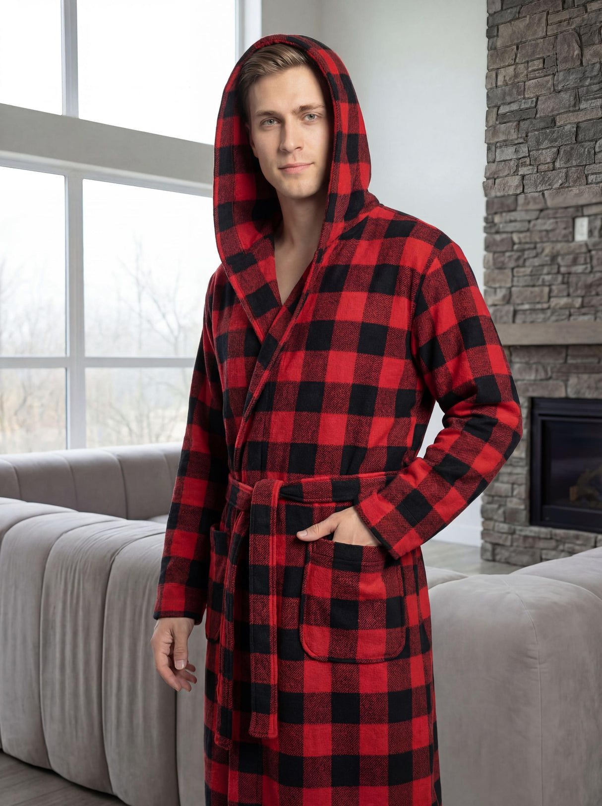 Men's Hooded Plush Fleece Bathrobe
