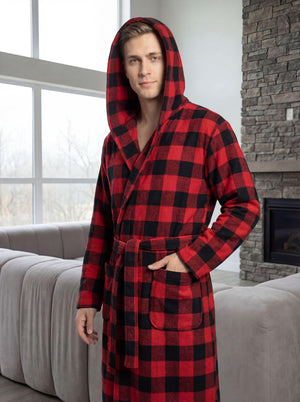 Men's Hooded Plush Fleece Bathrobe