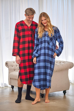 Men's Lightweight Cotton Flannel Sleep Shirt, Long Henley Nightshirt Pajamas