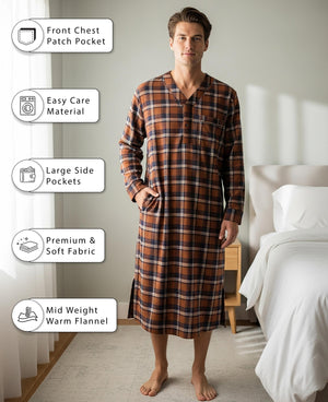 Men's Lightweight Cotton Flannel Sleep Shirt, Long Henley Nightshirt Pajamas