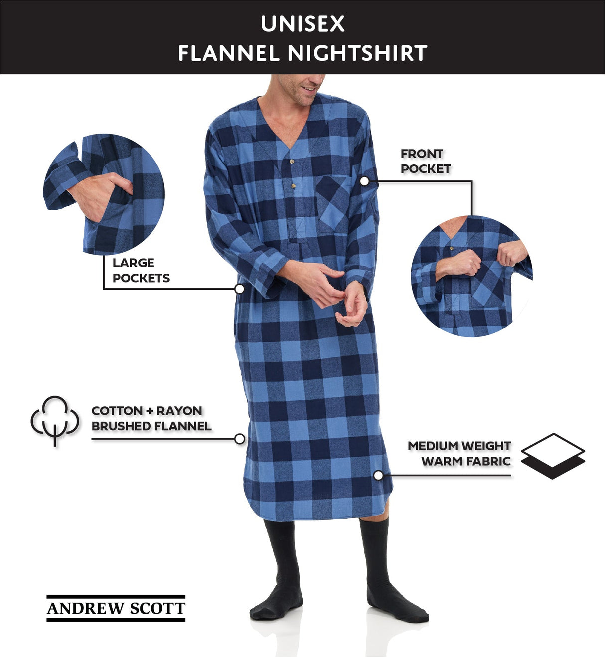 Men's Lightweight Cotton Flannel Sleep Shirt, Long Henley Nightshirt Pajamas
