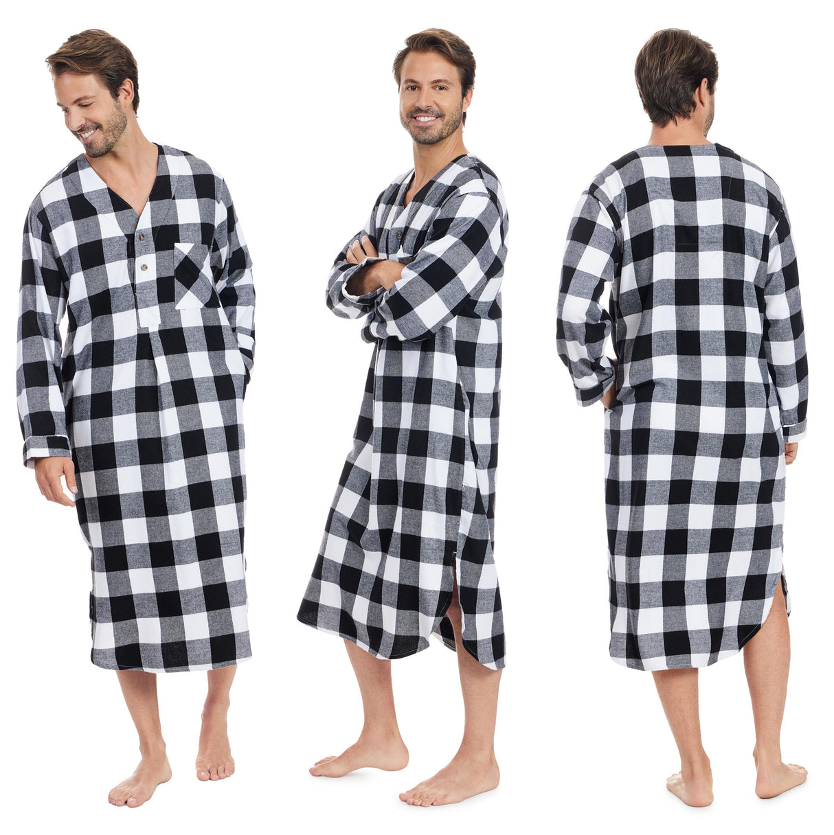 Men's Lightweight Cotton Flannel Sleep Shirt, Long Henley Nightshirt Pajamas