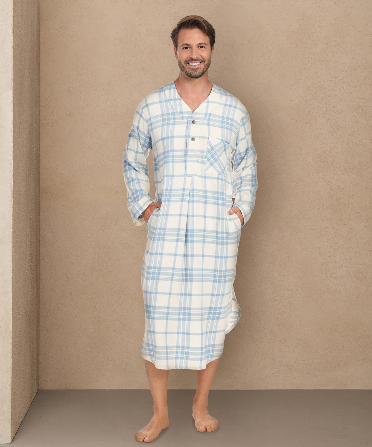 Men's Lightweight Cotton Flannel Sleep Shirt, Long Henley Nightshirt Pajamas