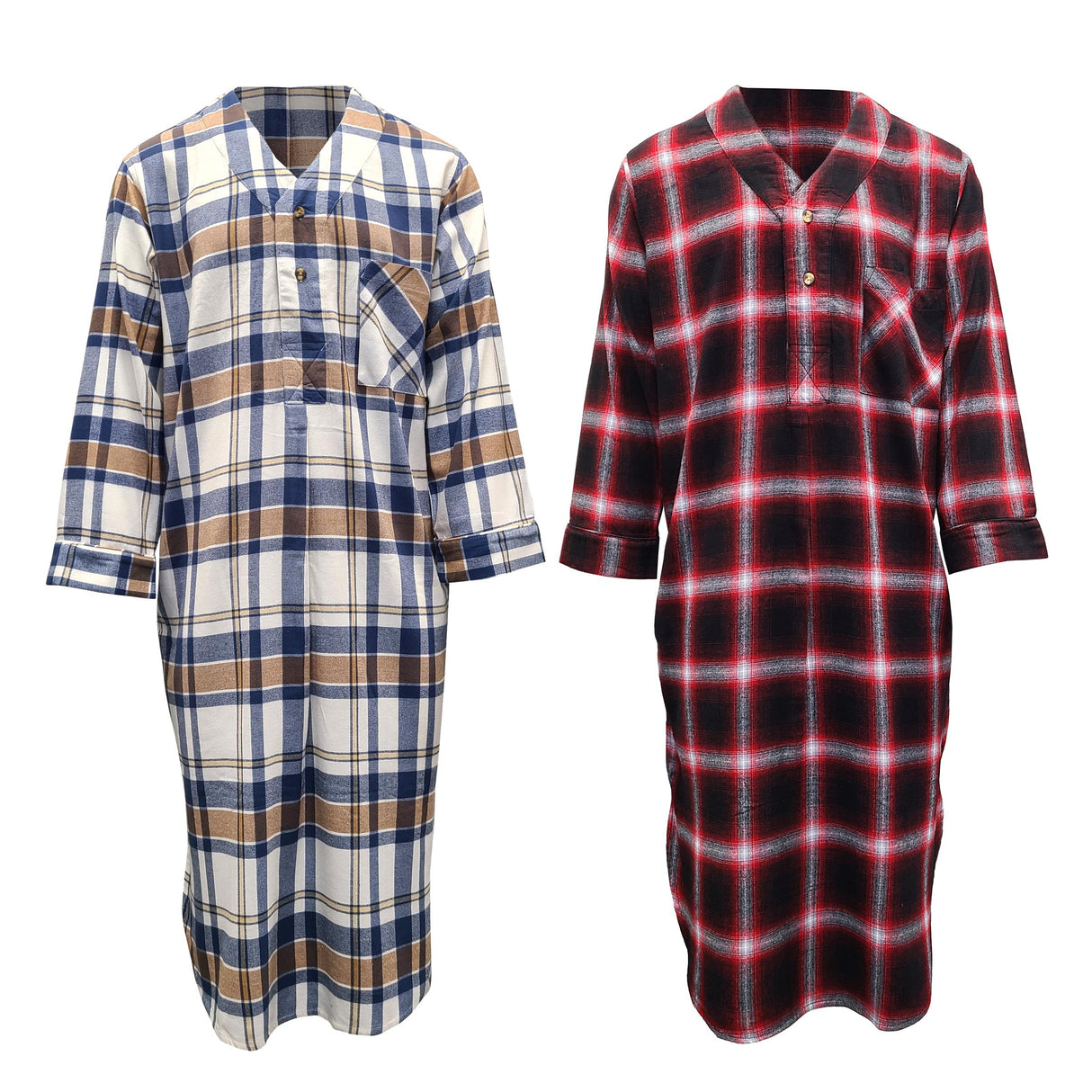 Men's Lightweight Cotton Flannel Sleep Shirt, Long Henley Nightshirt Pajamas