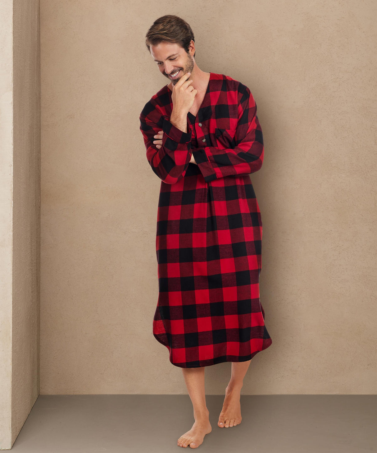 Men's Lightweight Cotton Flannel Sleep Shirt, Long Henley Nightshirt Pajamas