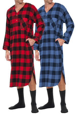 Men's Lightweight Cotton Flannel Sleep Shirt, Long Henley Nightshirt Pajamas
