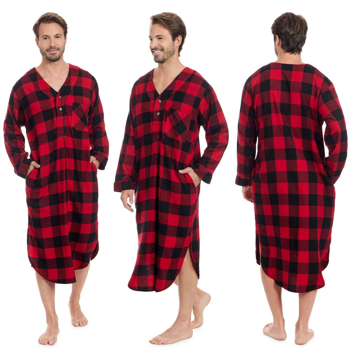Men's Lightweight Cotton Flannel Sleep Shirt, Long Henley Nightshirt Pajamas