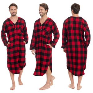 Men's Lightweight Cotton Flannel Sleep Shirt, Long Henley Nightshirt Pajamas
