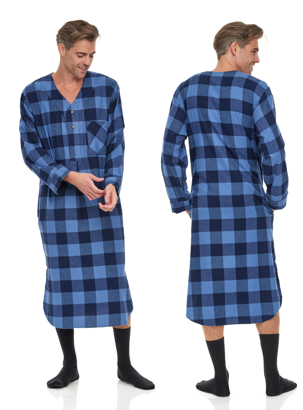Men's Lightweight Cotton Flannel Sleep Shirt, Long Henley Nightshirt Pajamas